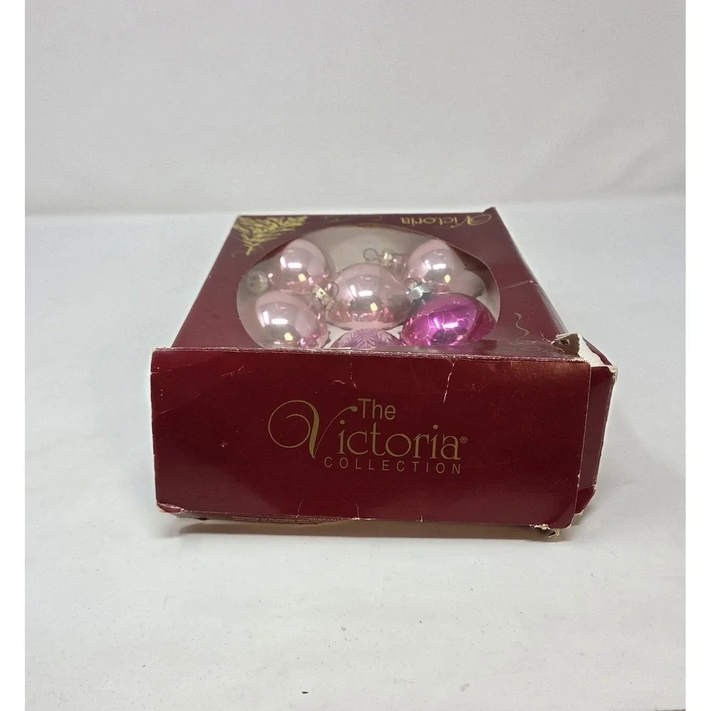 Rauch Victoria Collection 8 Vintage Pink Glass Christmas Ornaments Box USA